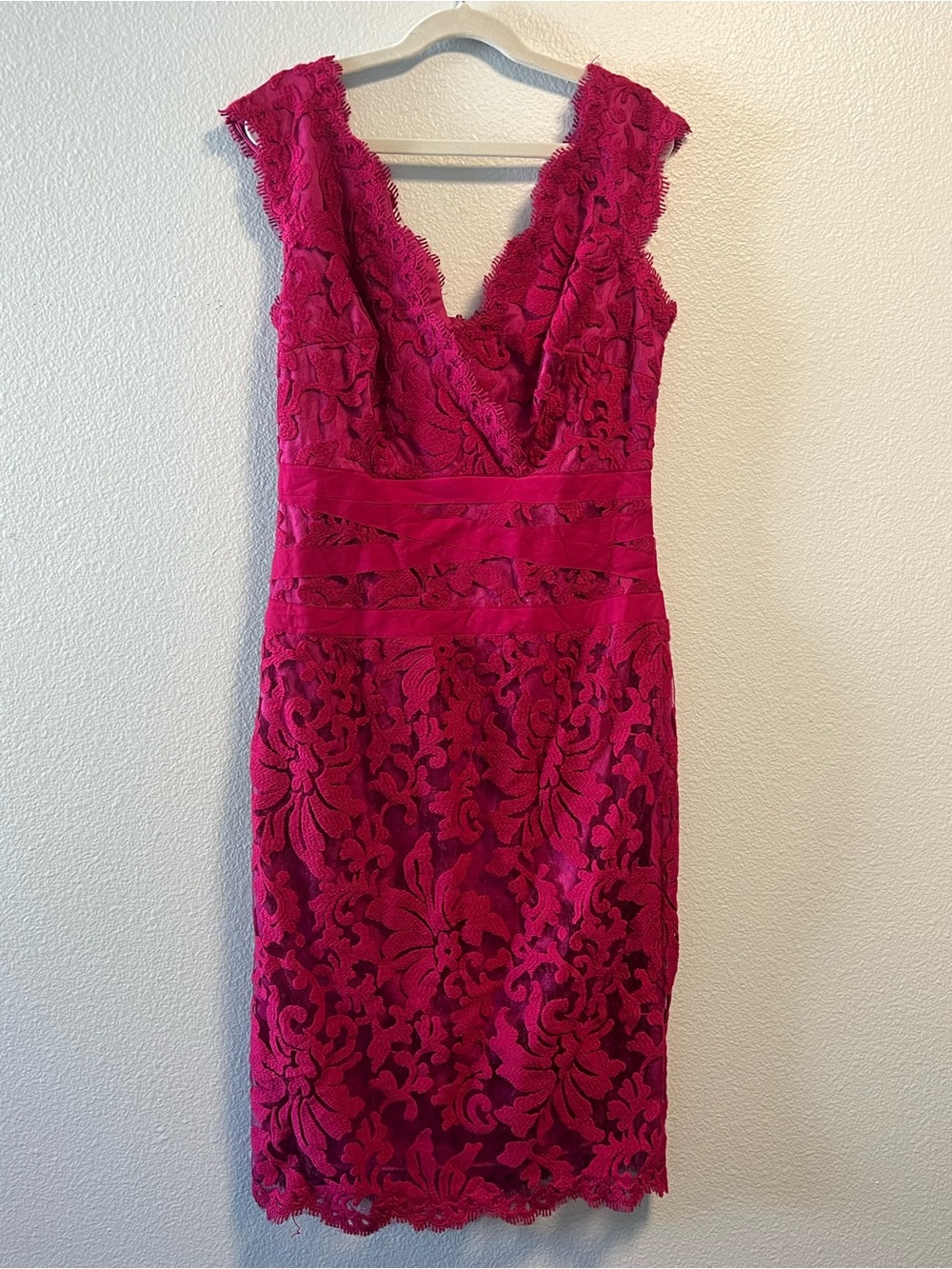 Tadashi Shoji Fuchsia Lace V-Neck Midi Dress